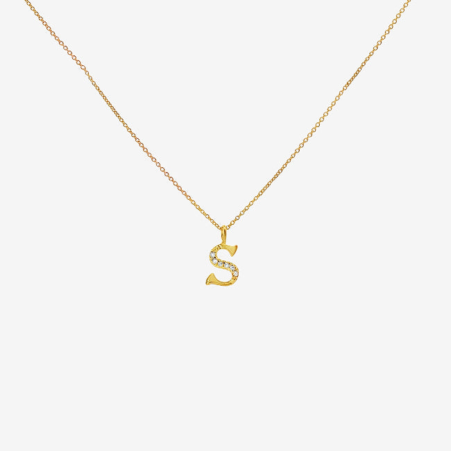 Letter S Gold & CZ Initial Pendant Necklace, 40-45cm