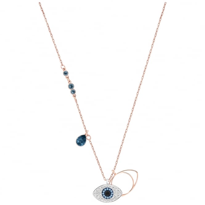 Symbolic Evil Eye Blue Crystal Pendant Necklace in Rhodium Silver