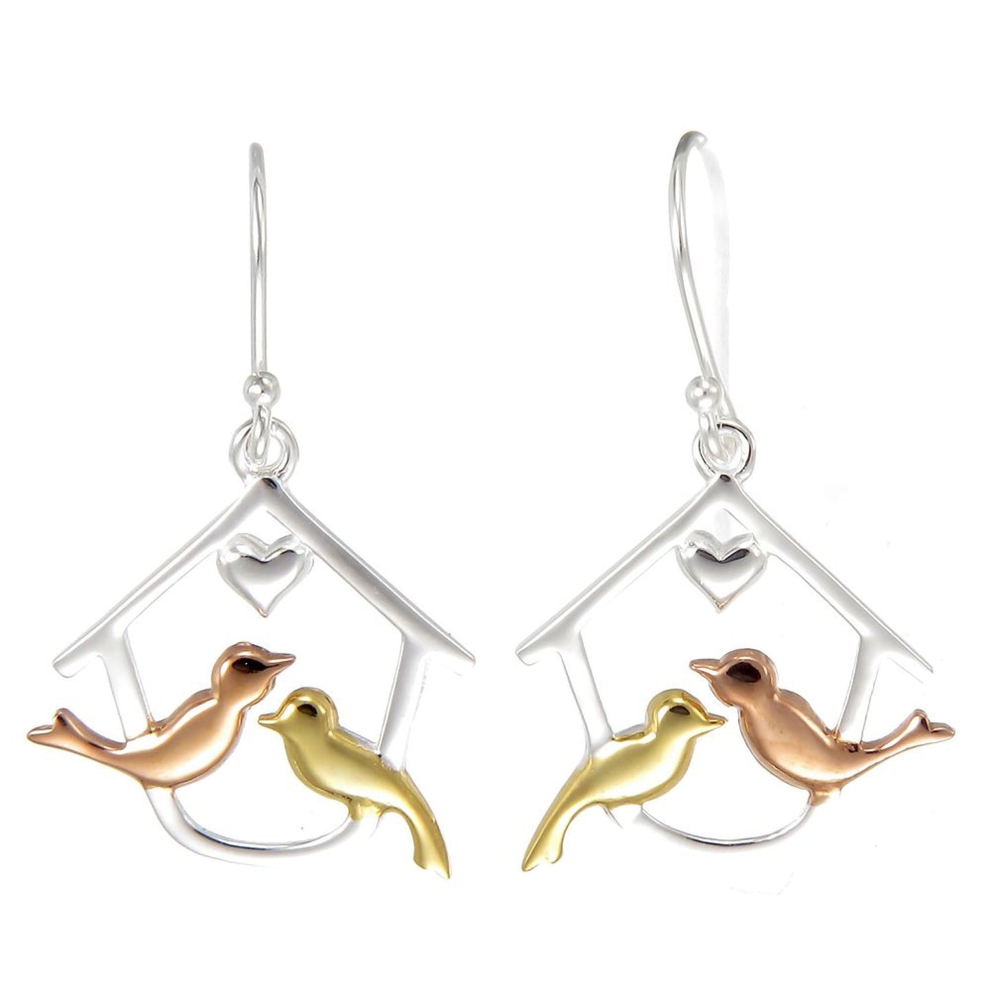 Grace Silver, Rose Gold & Gold Love Bird Birdhouse Drop Earrings