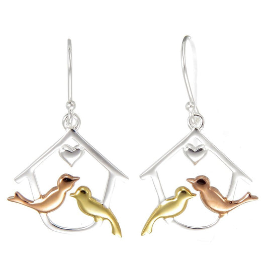Grace Silver, Rose Gold & Gold Love Bird Birdhouse Drop Earrings