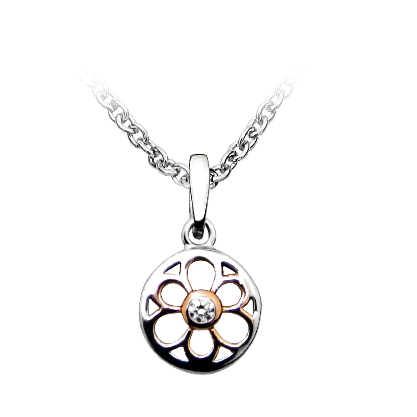 Silver, Rose Gold Vermeil & CZ Flower Pendant Necklace