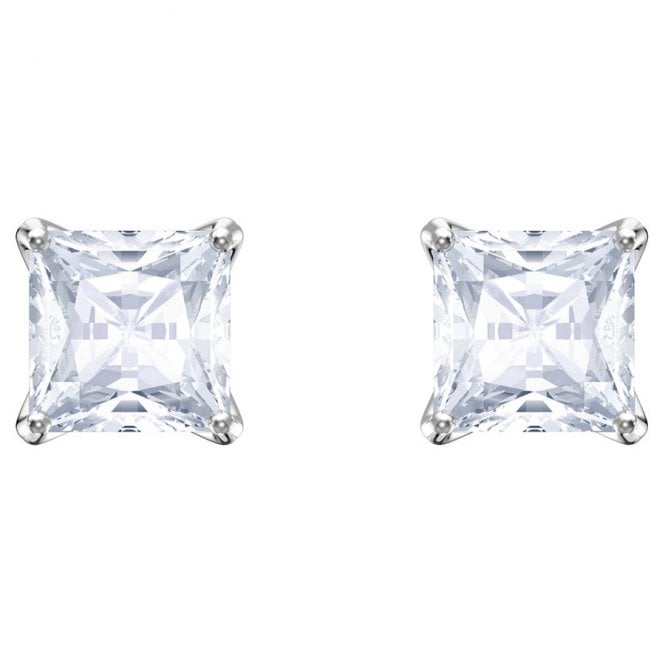Stilla Attract White Crystal Square Stud Earrings in Rhodium Silver