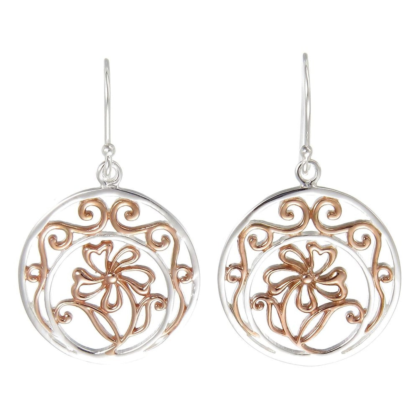 Grace Silver Ornate Drop Earrings with Rose Gold