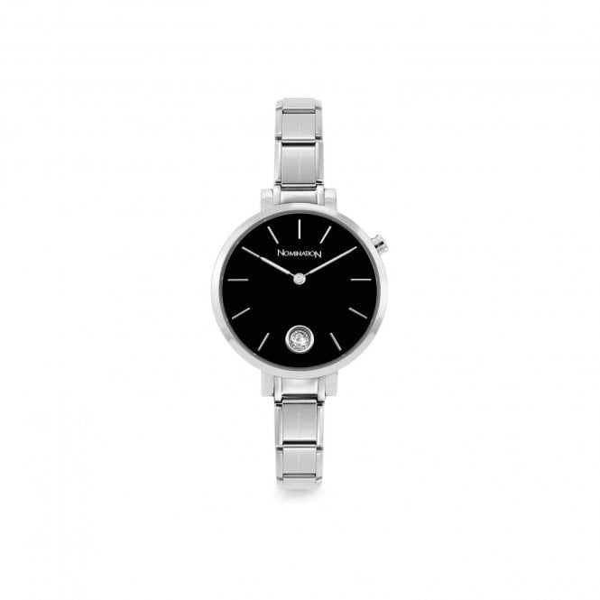 Time Round Black Dial & Silver Charm Bracelet Watch with CZ