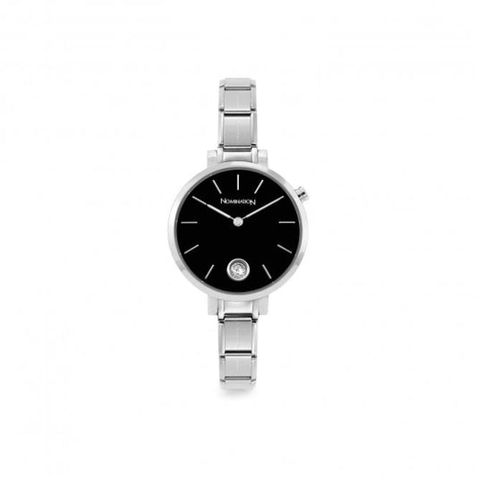 Nomination Time Round Black Dial & Silver Charm Bracelet Watch with CZ