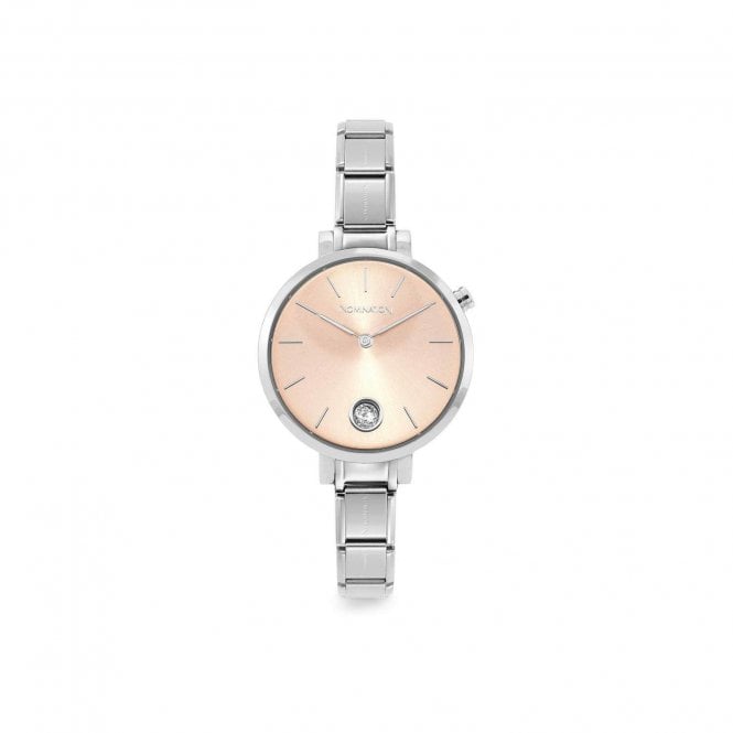 Time Round Pink Dial & Silver Charm Bracelet Watch with CZ