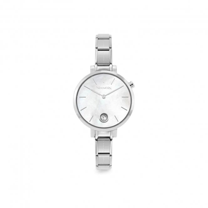 Time Round Mother of Pearl Dial & Silver Charm Bracelet Watch with CZ