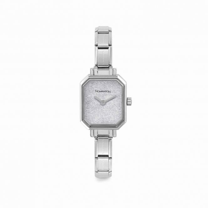 Time Rectangle Silver Glitter Dial & Silver Charm Bracelet Watch