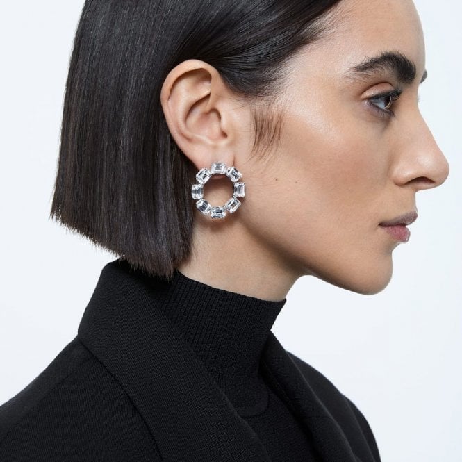 Millenia Earrings with White Circle Crystal in Rhodium Silver