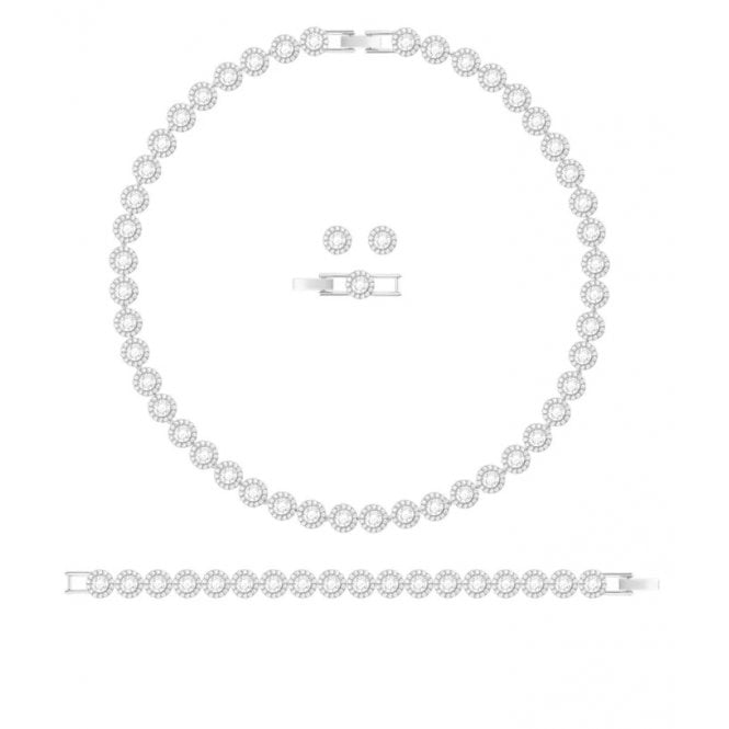 Una Angelic Round-Cut Complete Set with White Crystal in Rhodium Silver