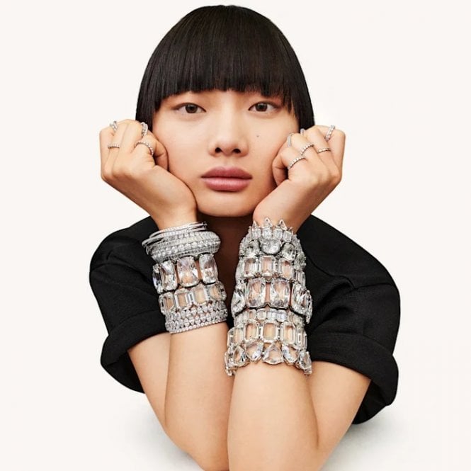 Matrix Triangle Cut Bracelet with White Crystal in Rhodium Silver