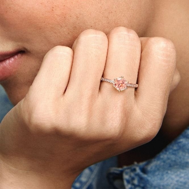 Rose Pink Sparkling Crown Solitaire Ring, Size 50