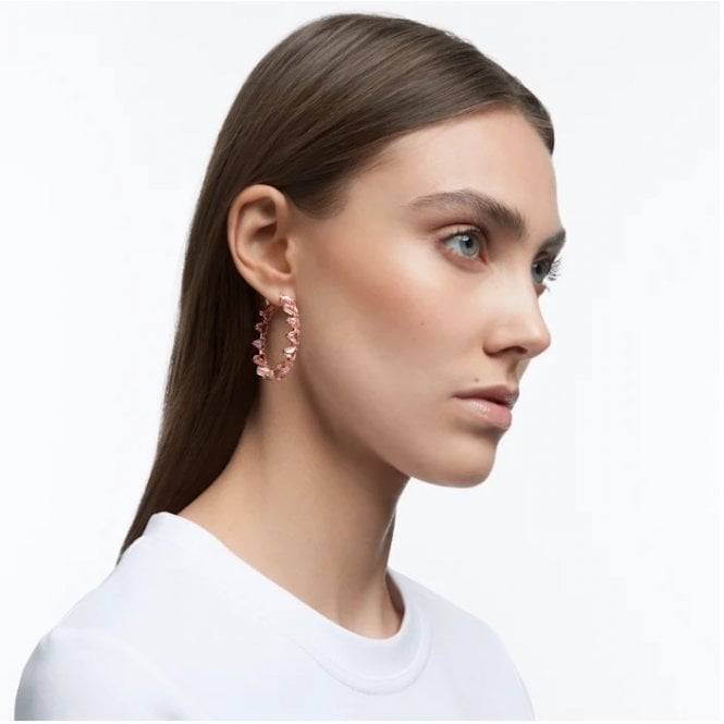 Matrix Triangle Cut Hoop Earrings with Pink Crystal in Rose Gold
