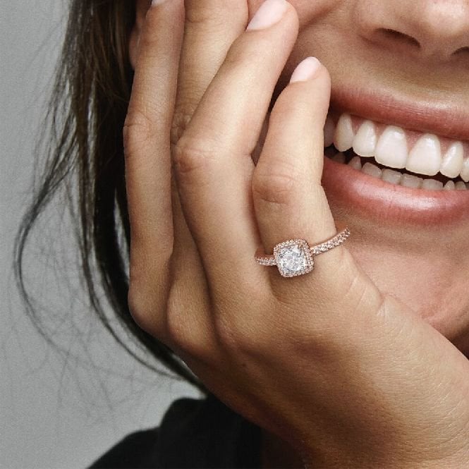 Rose Square Sparkle Halo Ring, Size 52