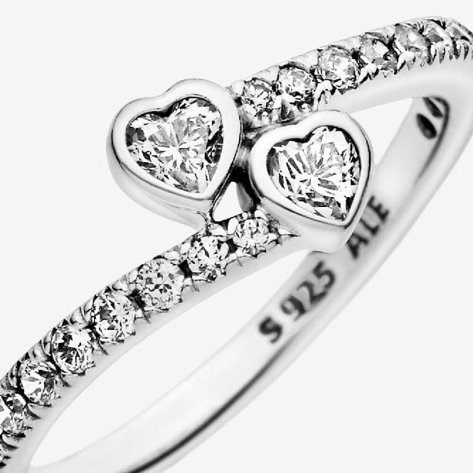Two Sparkling Hearts Ring, Size 60