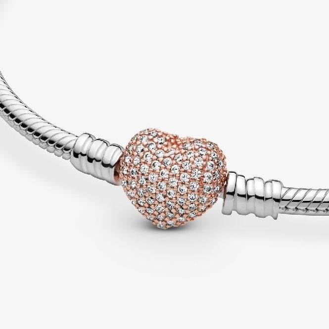 Moments Pave Heart Clasp Snake Chain Bracelet, 20cm