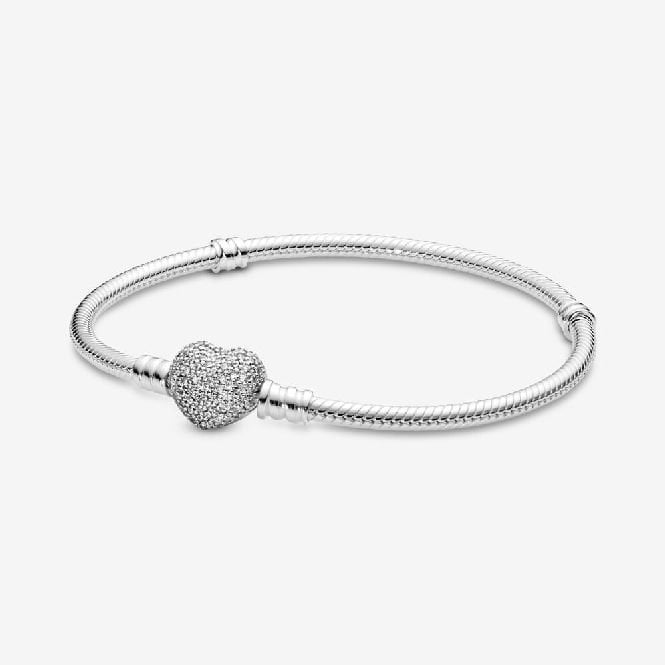 Pandora Moments Sparkling Heart Pave Clasp Snake Chain Bracelet