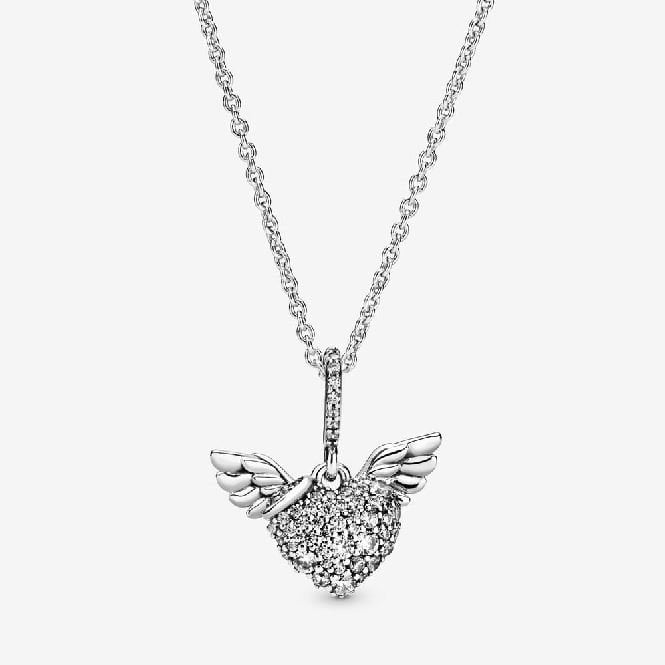 Pave Heart & Angel Wings Necklace, 45cm