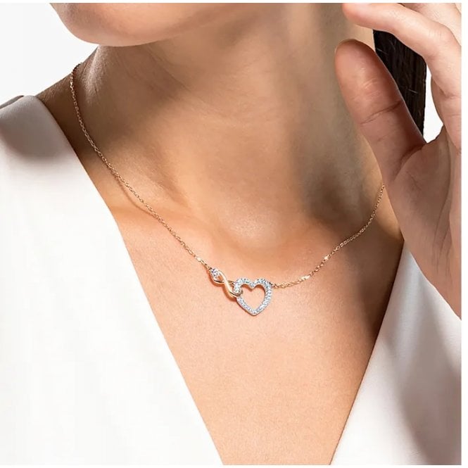 Hyperbola Infinity Heart Necklace with White Crystal in Rose Gold and Rhodium Silver