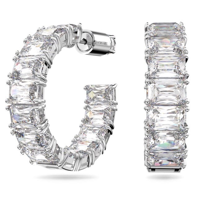 Matrix Octagon Cut Hoop Earrings with White Crystal in Rhodium Silver