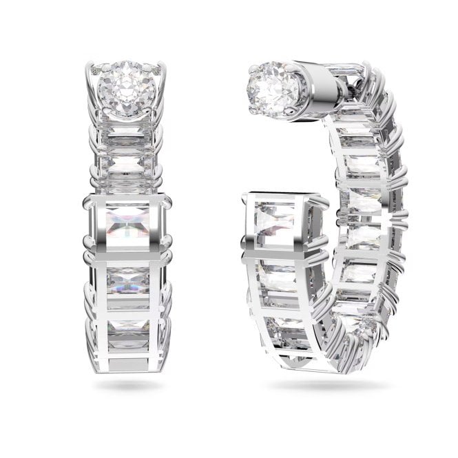 Matrix Octagon Cut Hoop Earrings with White Crystal in Rhodium Silver