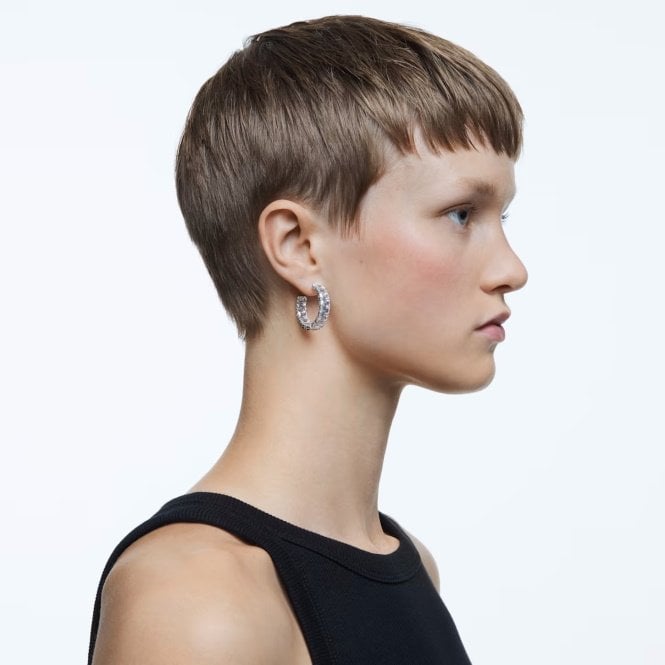 Matrix Octagon Cut Hoop Earrings with White Crystal in Rhodium Silver