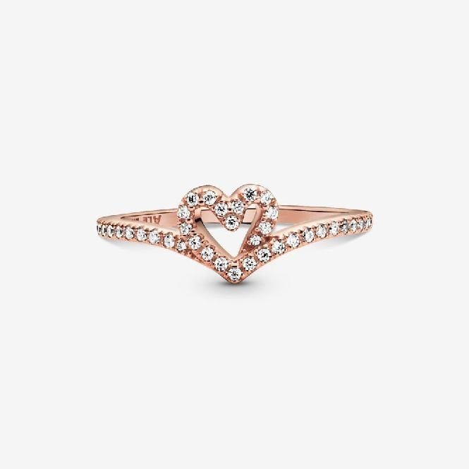 Rose Sparkling Wishbone Heart Ring, Size 56
