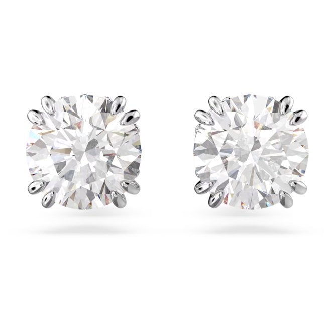 Stilla Stud Earrings with Round-Cut White Crystal in Rhodium Silver