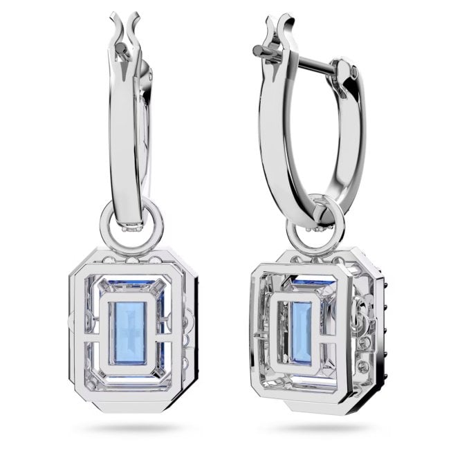 Una Drop Earrings with Octagon-Cut Blue Crystal in Rhodium Silver
