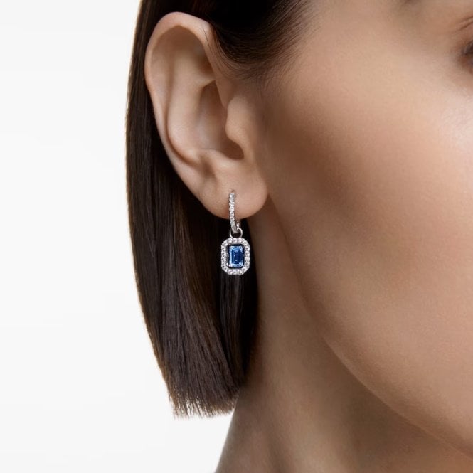 Una Drop Earrings with Octagon-Cut Blue Crystal in Rhodium Silver