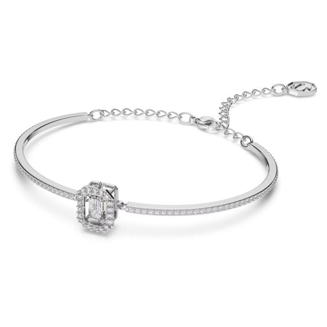 Una Bangle with Octagon-Cut White Crystal in Rhodium Silver