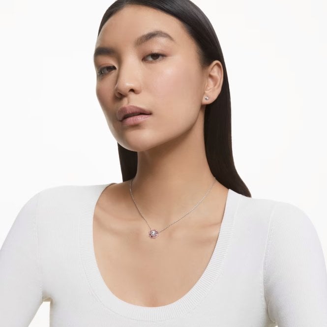Idyllia Necklace & Earrings Set with Pink Crystal in Rhodium Silver