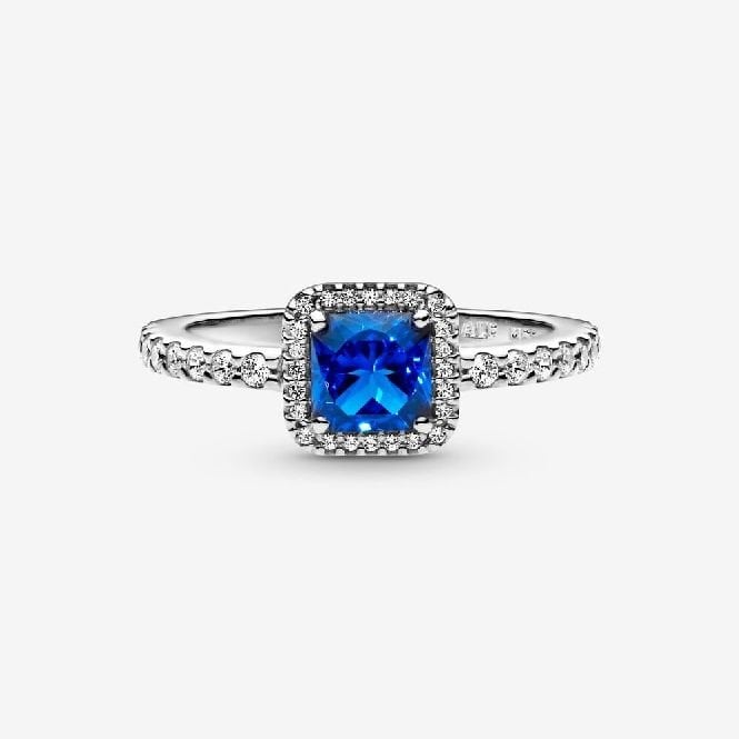 Blue Square Sparkle Halo Ring, Size 48