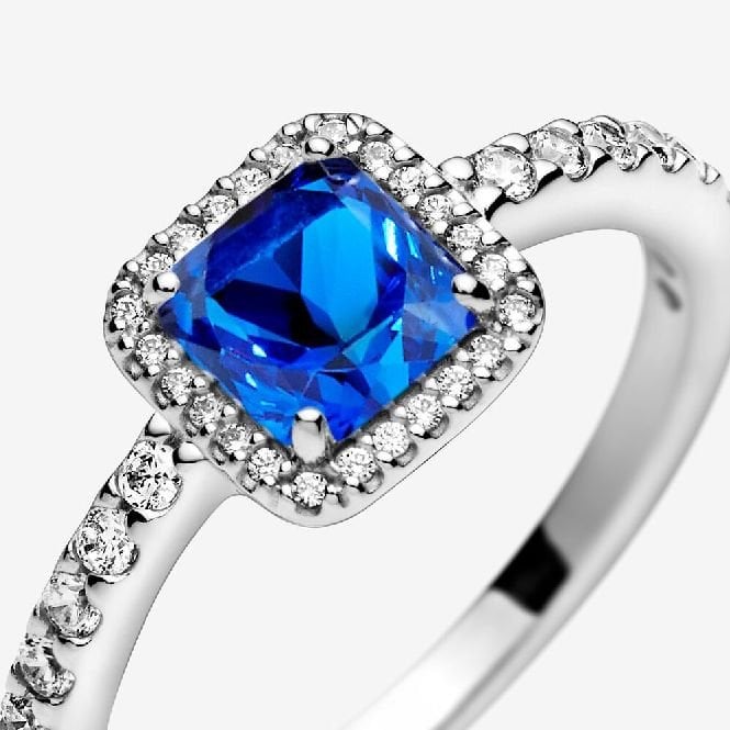 Blue Square Sparkle Halo Ring, Size 48
