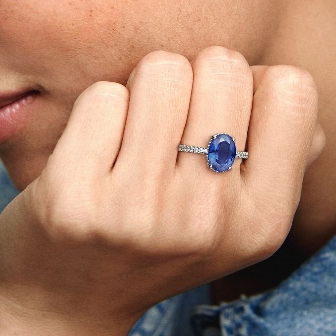 Sparkling Statement Blue Halo Ring, Size 54