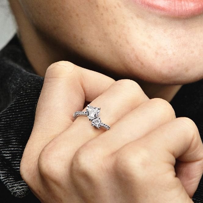 Double Heart Sparkling Ring, Size 58