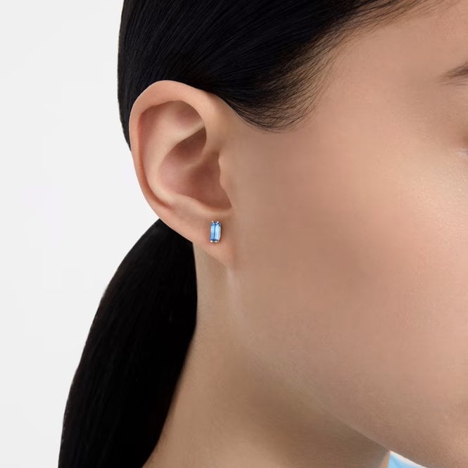 Chroma Stud Earrings with Baguette-Cut Blue Crystal in Rhodium Silver