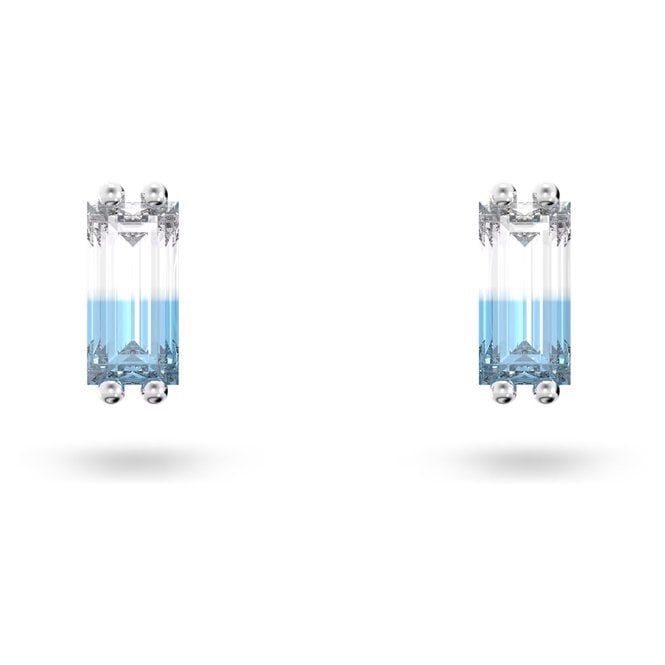Chroma Stud Earrings with Baguette-Cut Blue Crystal in Rhodium Silver