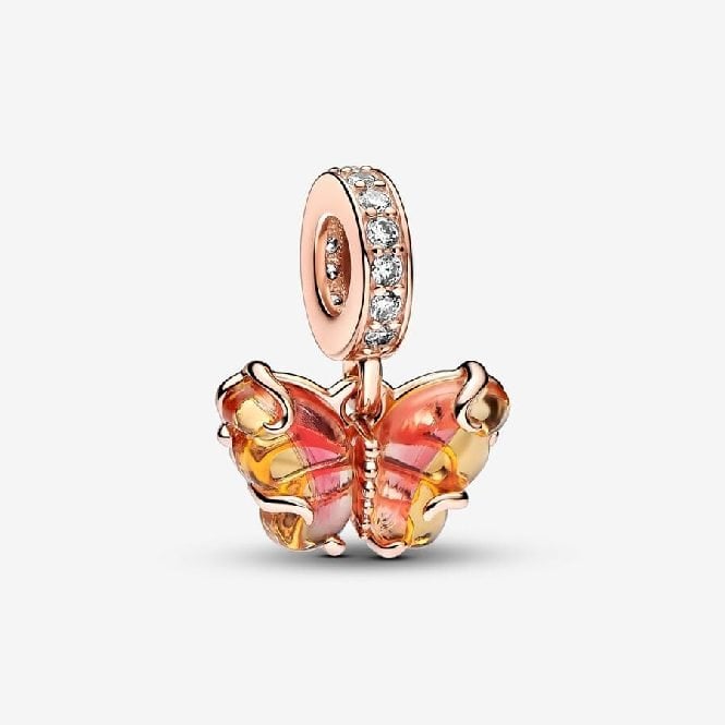 Rose Pink & Yellow Murano Glass Butterfly Dangle Charms