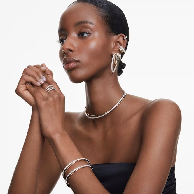 Matrix Hoop Earrings with Round-Cut White Crystal in Rhodium Silver