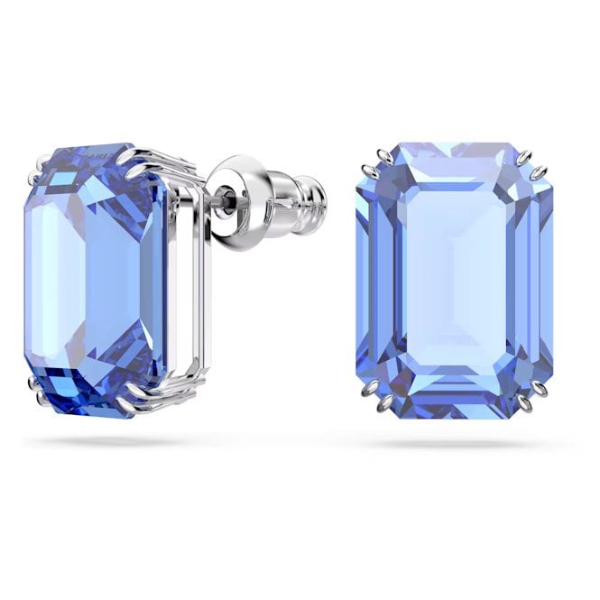 Millenia Stud Earrings with Octagon-Cut Blue Crystals in Rhodium Silver
