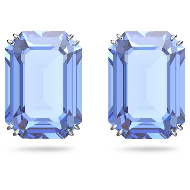 Millenia Stud Earrings with Octagon-Cut Blue Crystals in Rhodium Silver
