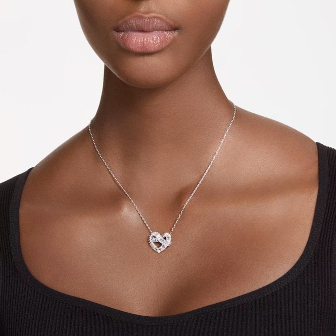 Matrix Pendant Necklace with Mixed-Cut White Crystal Hearts in Rhodium Silver