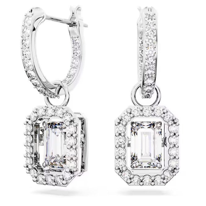 Una Drop Earrings with Octagon-Cut White Crystal in Rhodium Silver