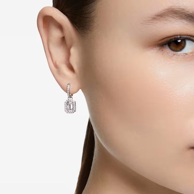Una Drop Earrings with Octagon-Cut White Crystal in Rhodium Silver