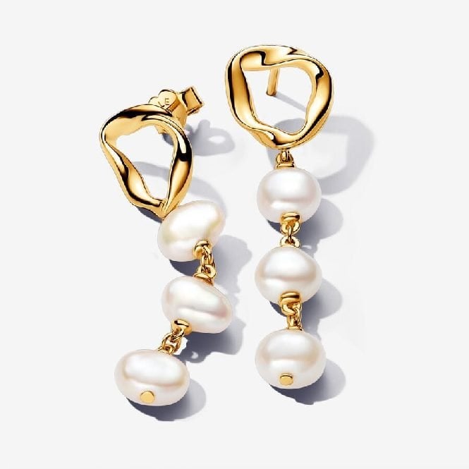 Gold Organically Shaped Circle & Baroque Treated Freshwater Cultured Pearls Drop Earrings