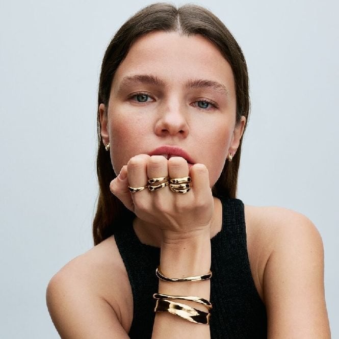 Gold Organically Shaped Broad Open Bangle, 16cm