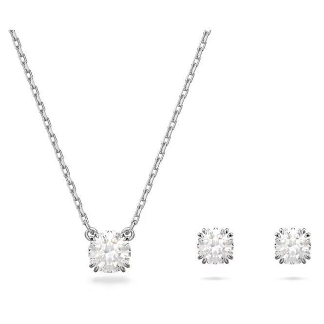 Stilla Necklace & Earrings Set with Round-Cut White Crystal in Rhodium Silver