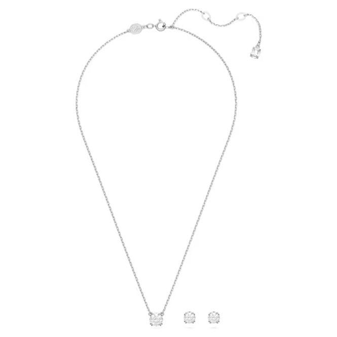 Stilla Necklace & Earrings Set with Round-Cut White Crystal in Rhodium Silver