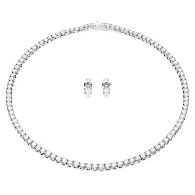 Matrix Necklace & Earrings Tennis Set with Round-Cut White Crystal in Rhodium Silver